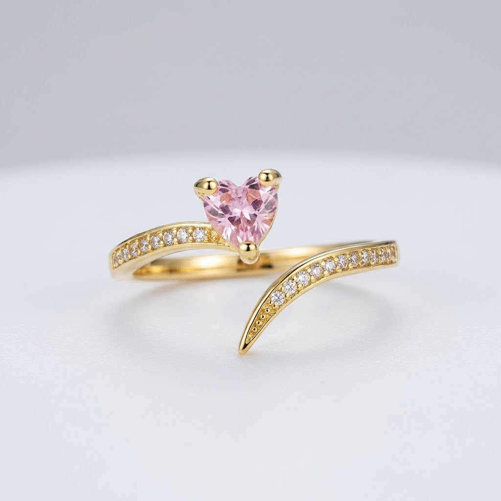 Sweetheart Blush Pink Faceted Crystal Heart Adjustable Ring - View 6