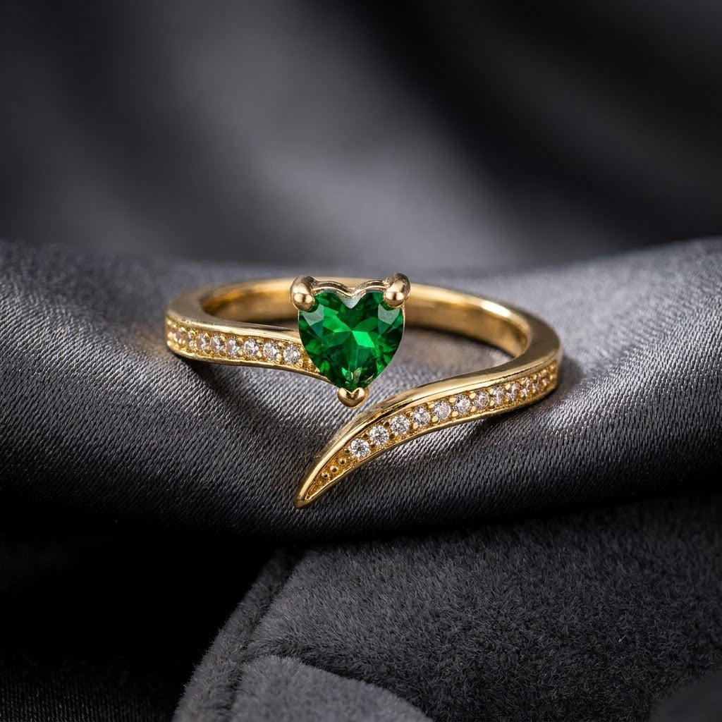 Emerald Green Romantic Heart Crystal Adjustable Ring - View 2