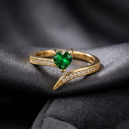 Emerald Green Romantic Heart Crystal Adjustable Ring - View 2