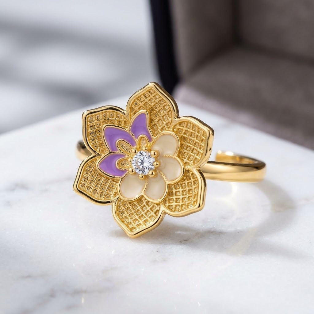 Sacred Lotus Blossom Pastel Enamel Tiered Adjustable Ring - View 1