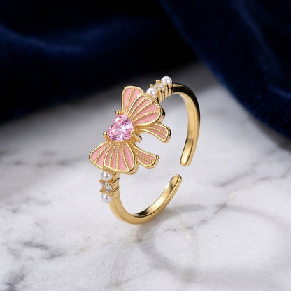 Coquette Pastel Pink Enamel Ribbon Bow Open Cuff Adjustable Ring - View 1