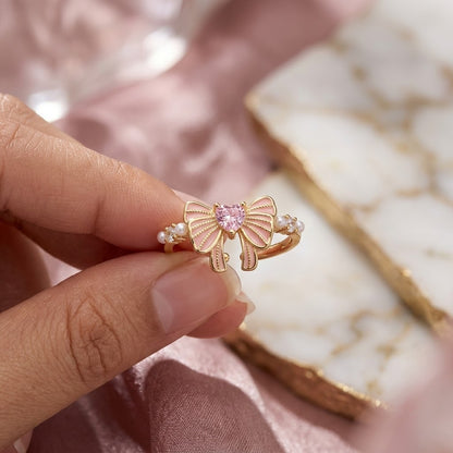 Coquette Pastel Pink Enamel Ribbon Bow Open Cuff Adjustable Ring - View 2