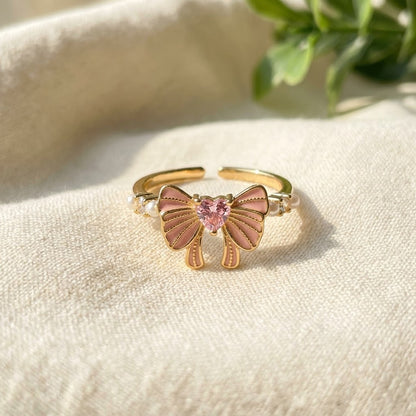 Coquette Pastel Pink Enamel Ribbon Bow Open Cuff Adjustable Ring - View 3