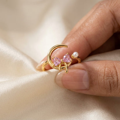 Celestial Crescent Moon & Pink Butterfly Pearl Adjustable Ring - View 5