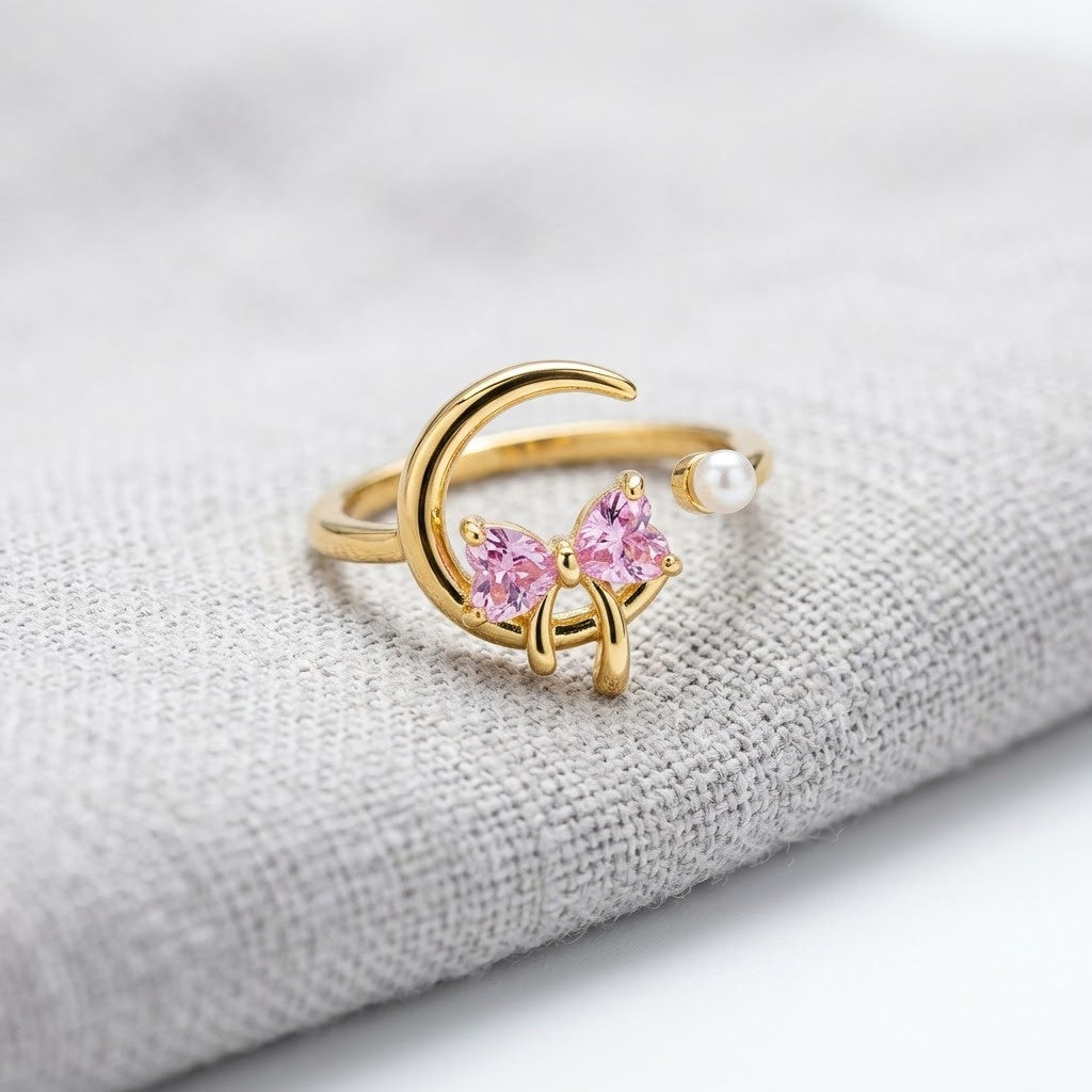 Celestial Crescent Moon & Pink Butterfly Pearl Adjustable Ring - View 7