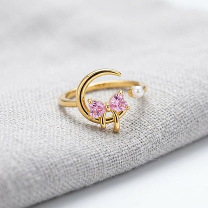 Celestial Crescent Moon & Pink Butterfly Pearl Adjustable Ring - View 7
