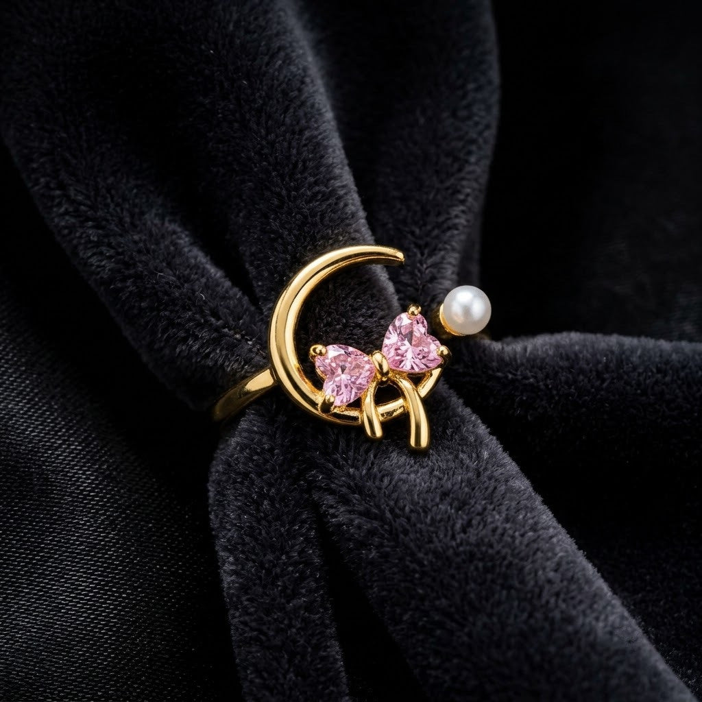 Celestial Crescent Moon & Pink Butterfly Pearl Adjustable Ring - View 6