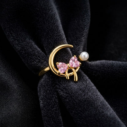 Celestial Crescent Moon & Pink Butterfly Pearl Adjustable Ring - View 6