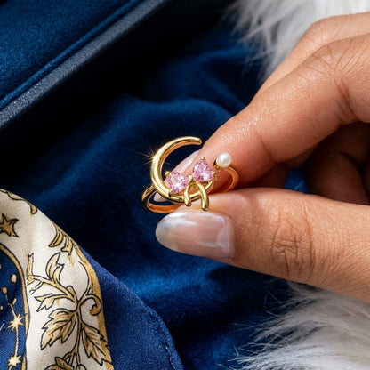 Celestial Crescent Moon & Pink Butterfly Pearl Adjustable Ring - View 2