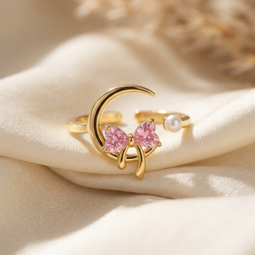 Celestial Crescent Moon & Pink Butterfly Pearl Adjustable Ring - View 3