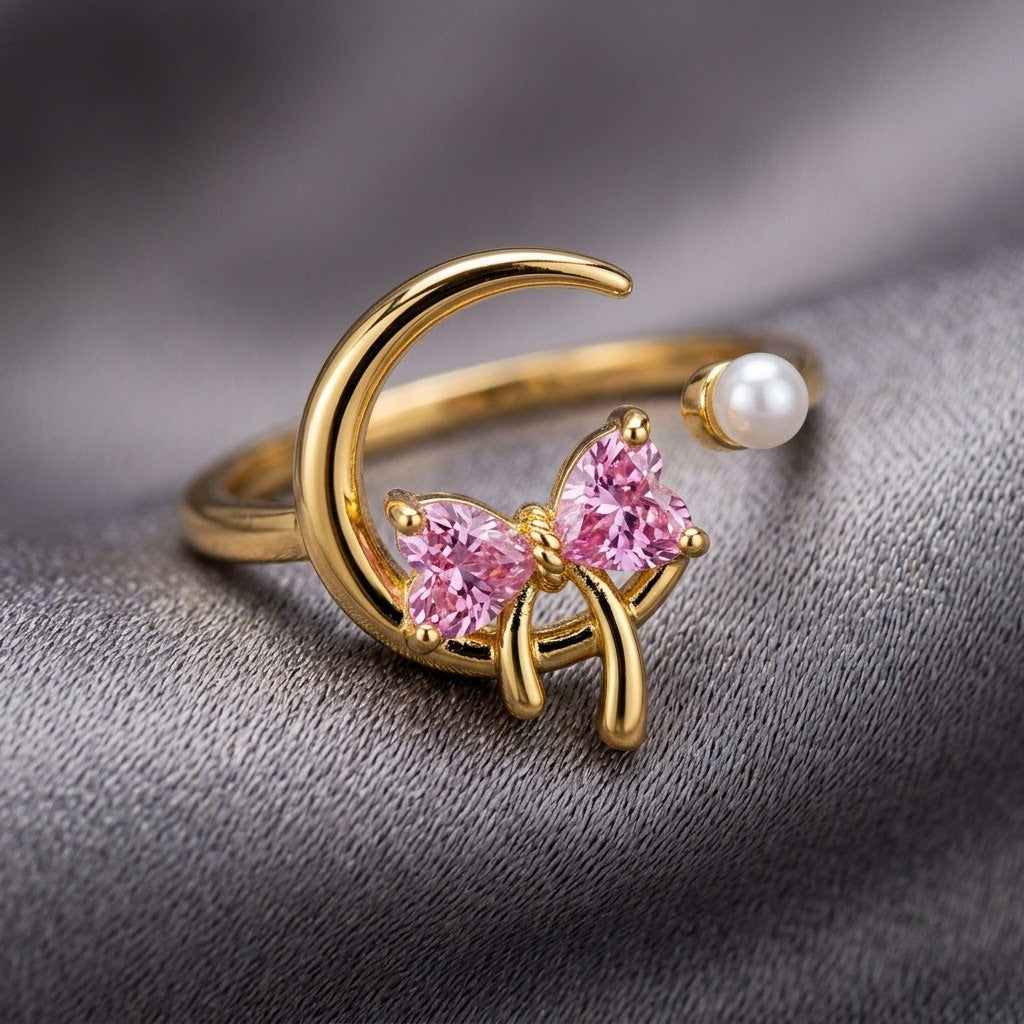 Celestial Crescent Moon & Pink Butterfly Pearl Adjustable Ring - View 4