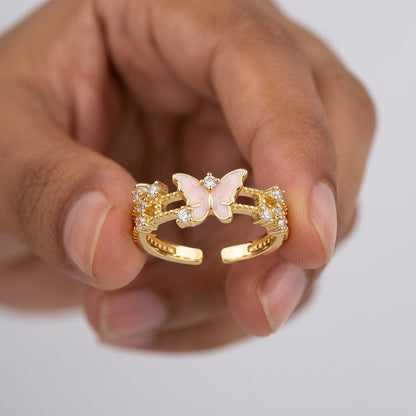 Spring Blossom Butterfly Pastel Pink Enamel Adjustable Ring - View 7