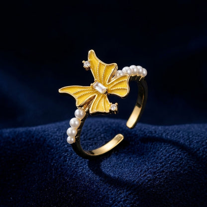 Golden Butterfly & Freshwater Pearl Bypass Adjustable Ring - View 1