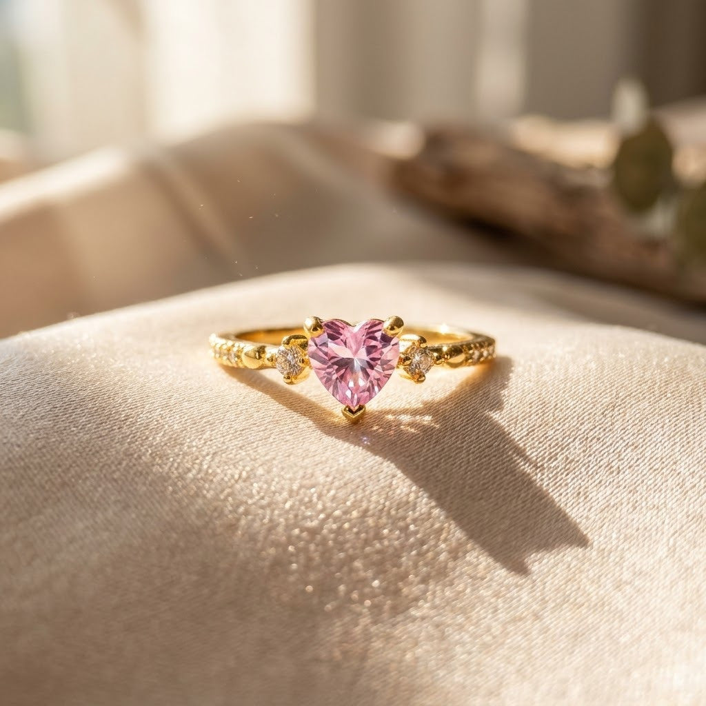 Romantic Heart Halo Pink Sapphire Solitaire Adjustable Ring - View 3