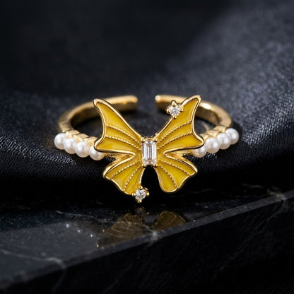 Golden Butterfly & Freshwater Pearl Bypass Adjustable Ring - View 2