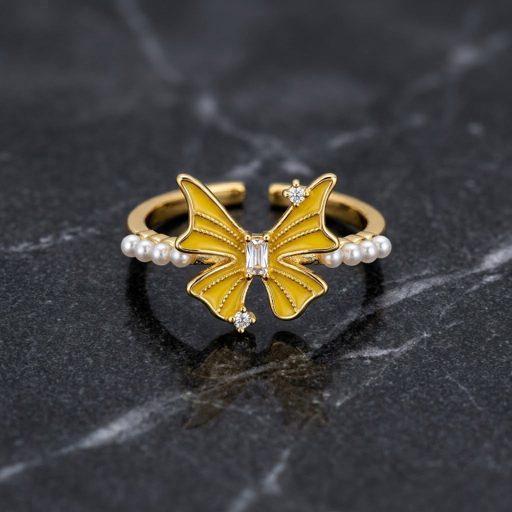 Golden Butterfly & Freshwater Pearl Bypass Adjustable Ring - View 8