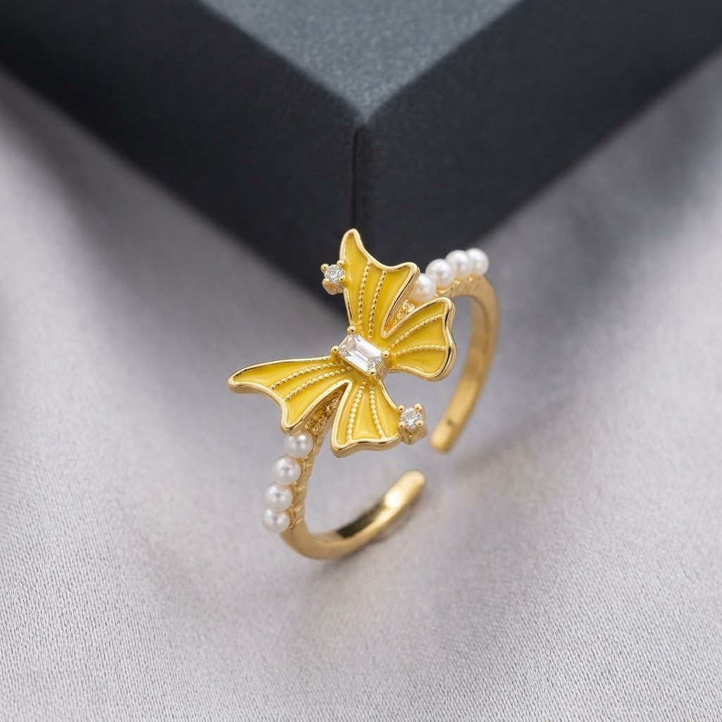 Golden Butterfly & Freshwater Pearl Bypass Adjustable Ring - View 3