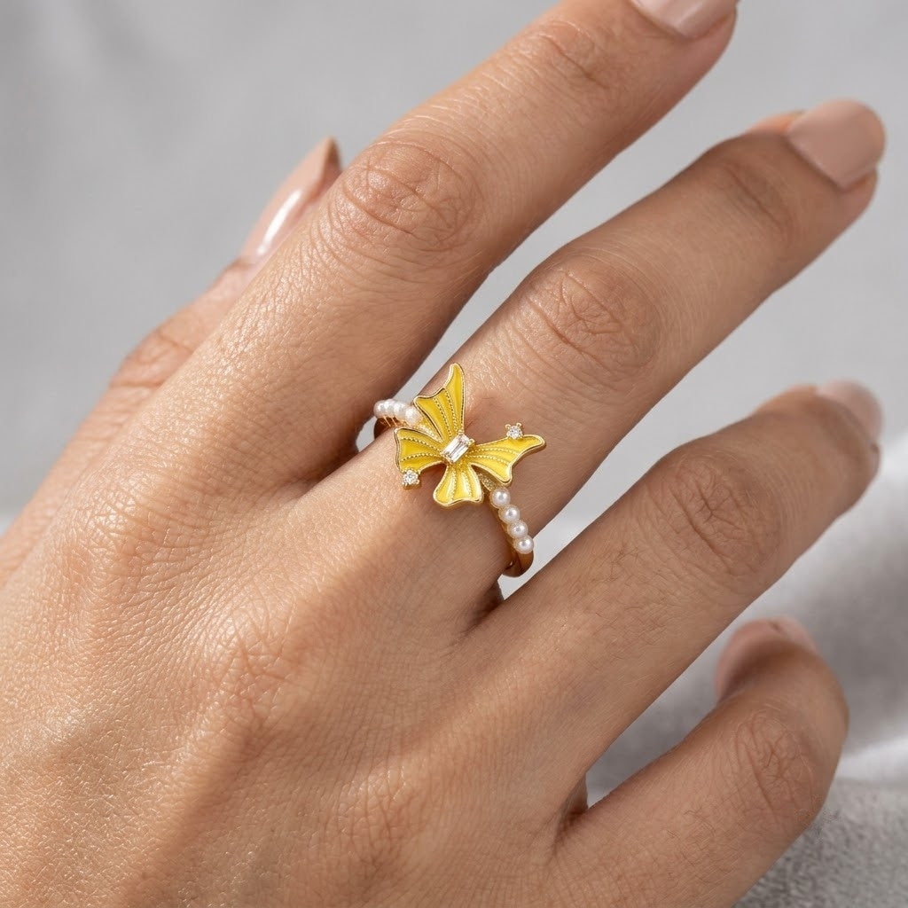 Golden Butterfly & Freshwater Pearl Bypass Adjustable Ring - View 5