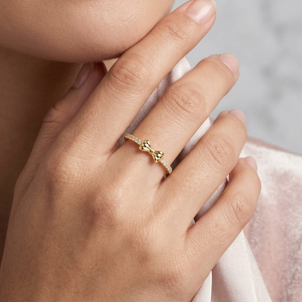 Coquette Ribbon Tie Pavé Diamond Dainty Adjustable Ring - View 4