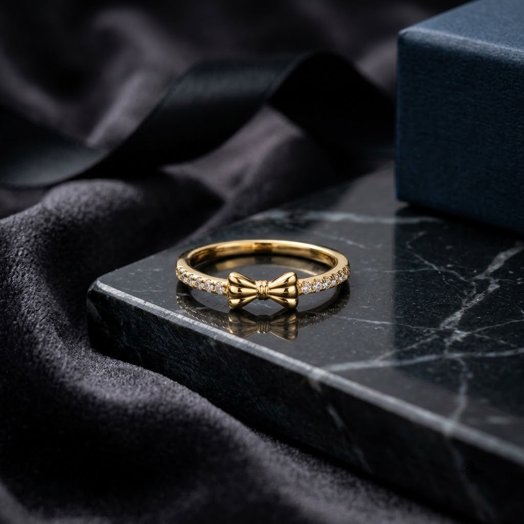Coquette Ribbon Tie Pavé Diamond Dainty Adjustable Ring - View 1