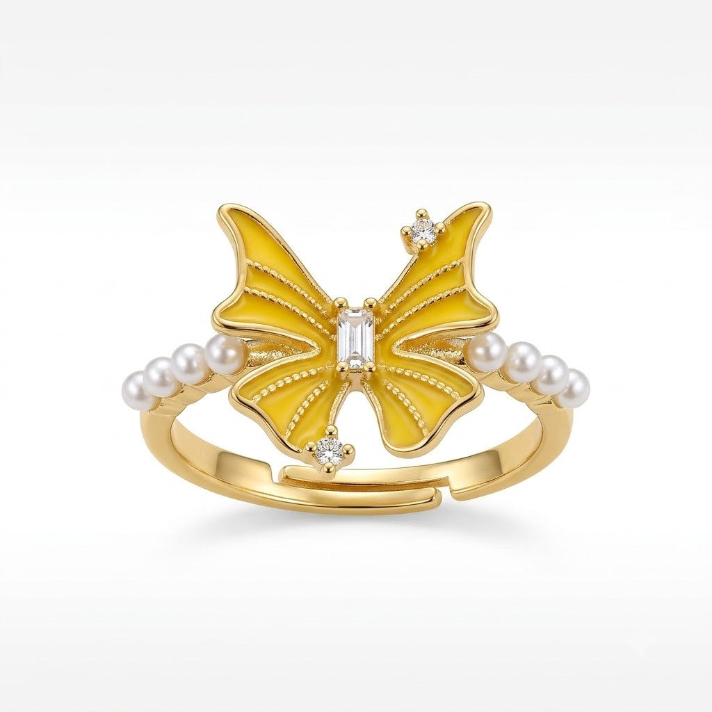 Golden Butterfly & Freshwater Pearl Bypass Adjustable Ring - View 7