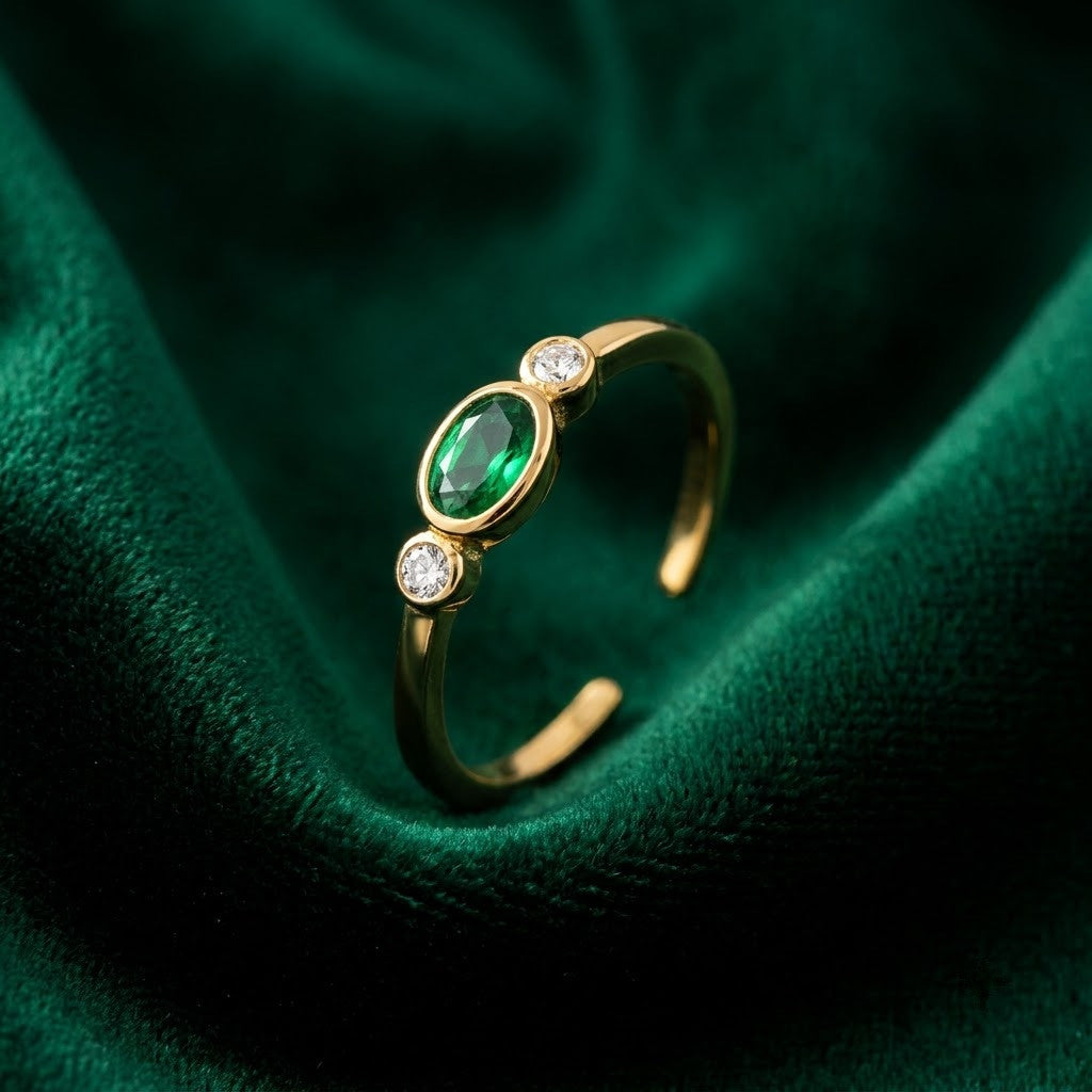 Dainty Solitaire Emerald Oval Bezel Adjustable Ring - View 1