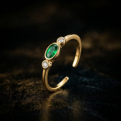 Dainty Solitaire Emerald Oval Bezel Adjustable Ring - View 6