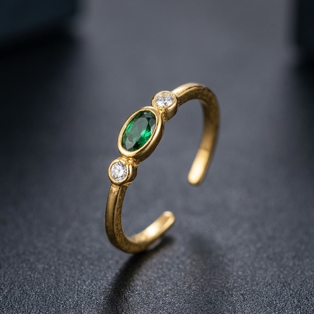 Dainty Solitaire Emerald Oval Bezel Adjustable Ring - View 4