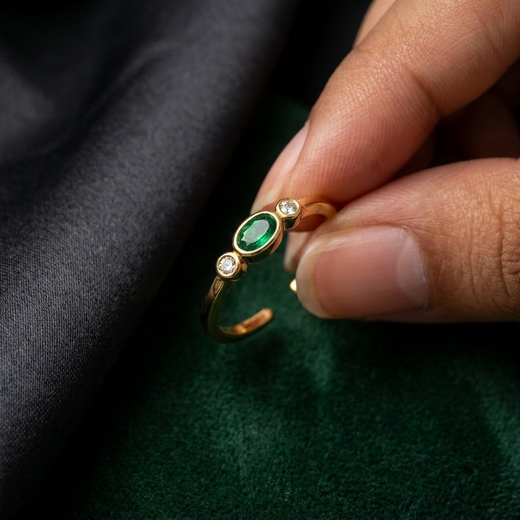 Dainty Solitaire Emerald Oval Bezel Adjustable Ring - View 2