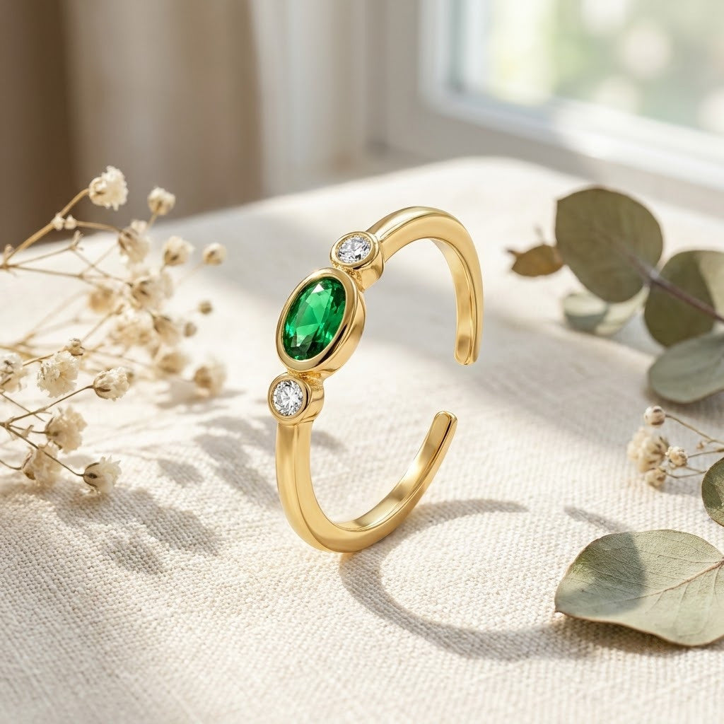 Dainty Solitaire Emerald Oval Bezel Adjustable Ring - View 3
