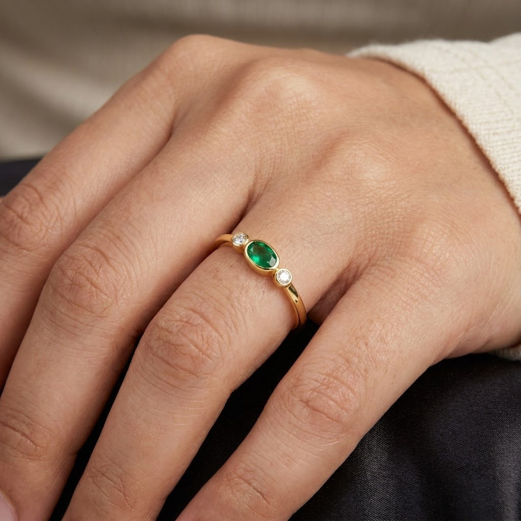 Dainty Solitaire Emerald Oval Bezel Adjustable Ring - View 5