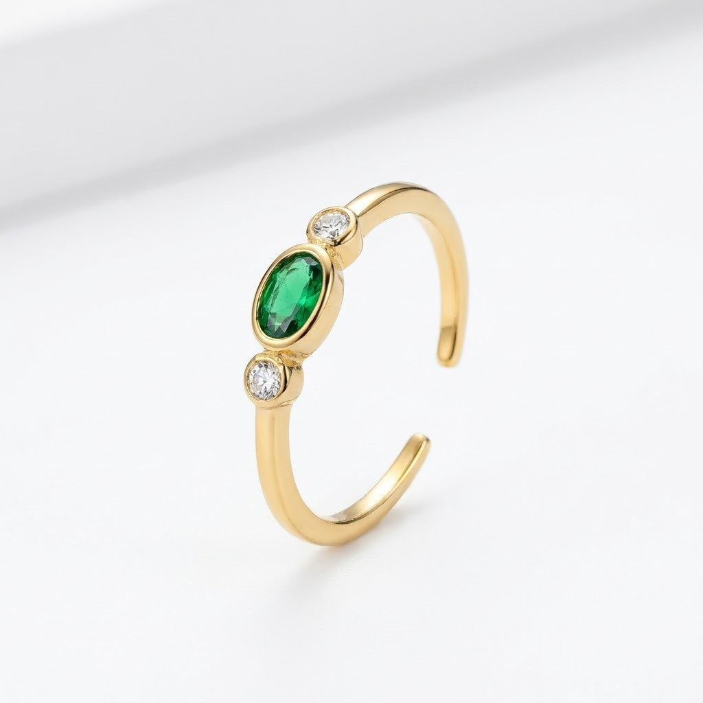 Dainty Solitaire Emerald Oval Bezel Adjustable Ring - View 7