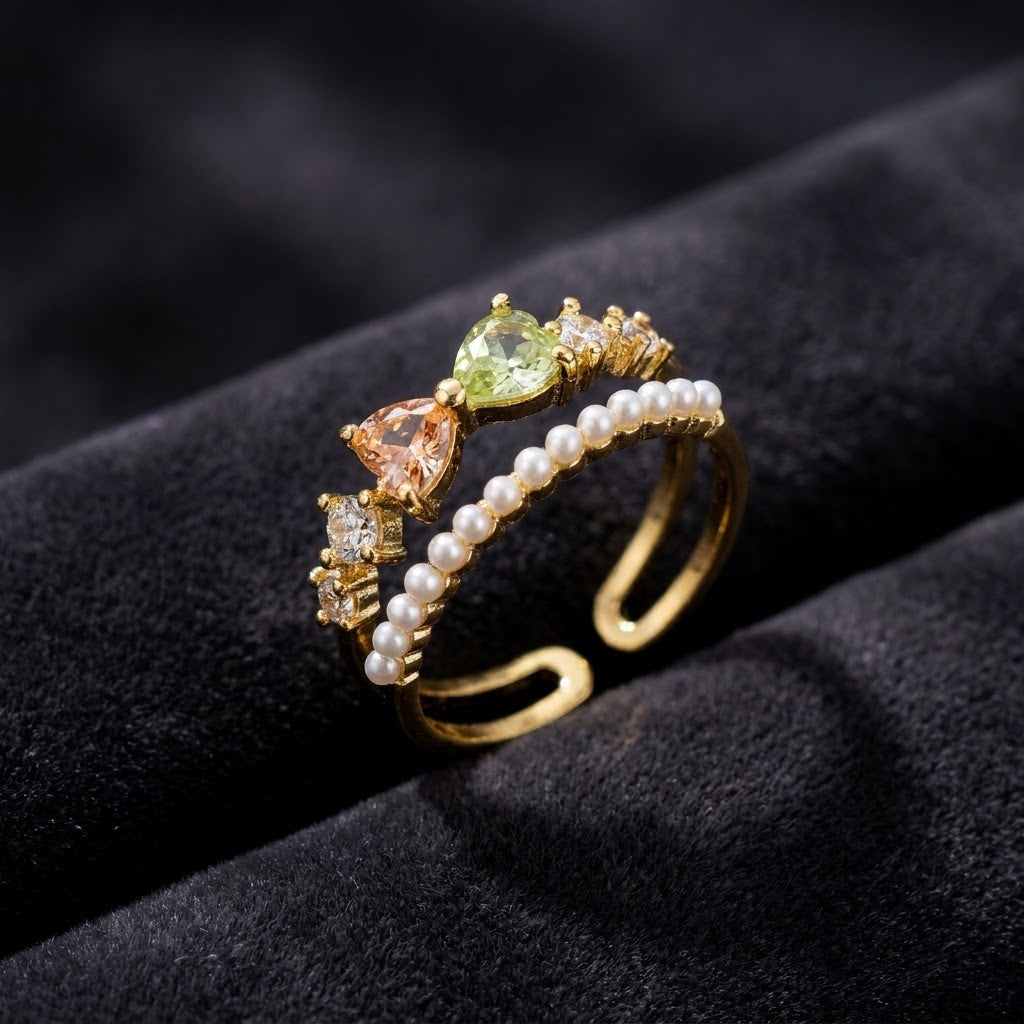 Layered Double Band Peridot Crystal & Pearl Adjustable Ring - View 1