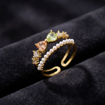 Layered Double Band Peridot Crystal & Pearl Adjustable Ring - View 1