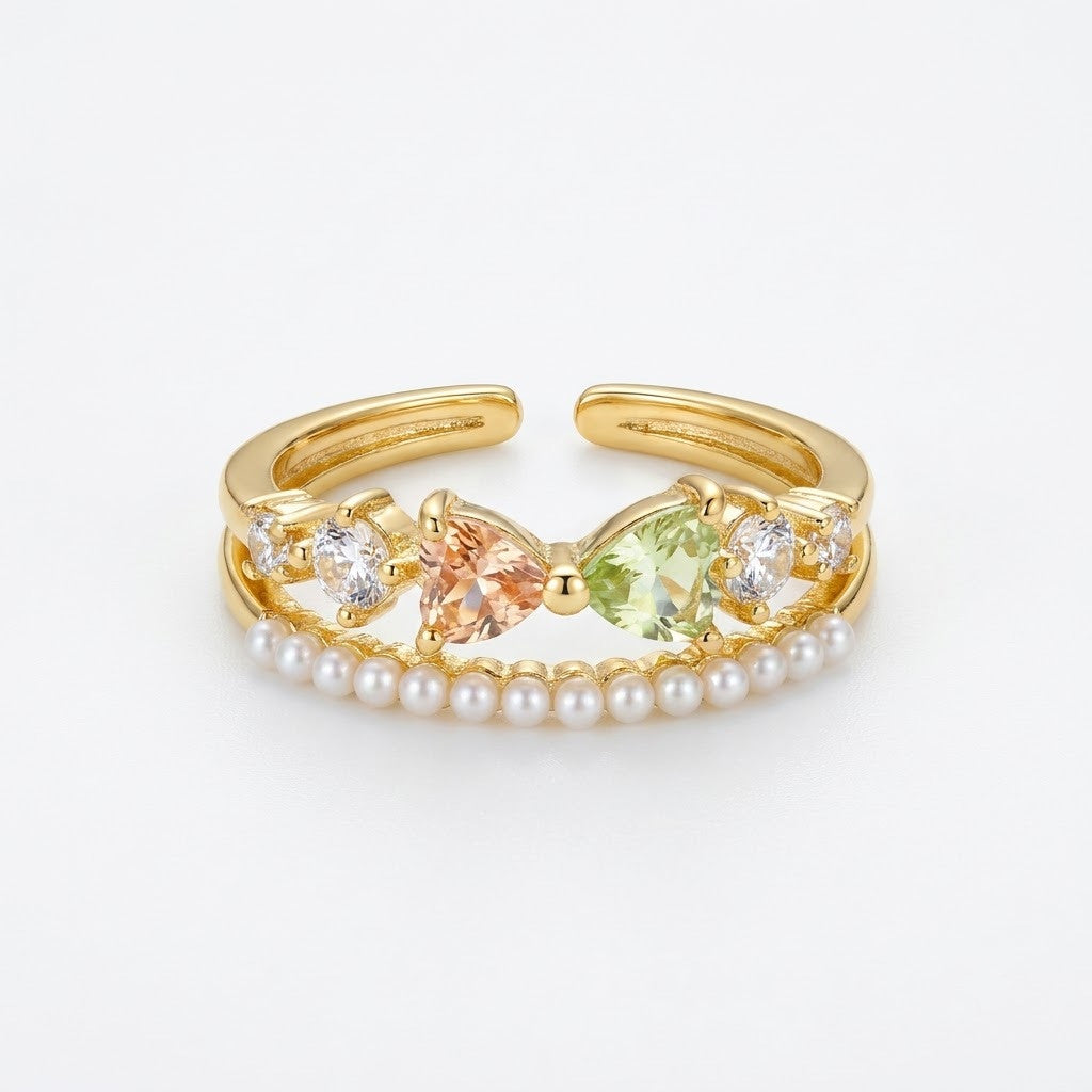 Layered Double Band Peridot Crystal & Pearl Adjustable Ring - View 6