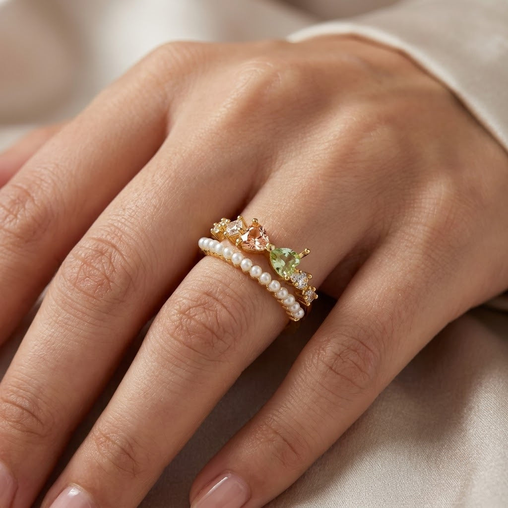 Layered Double Band Peridot Crystal & Pearl Adjustable Ring - View 4