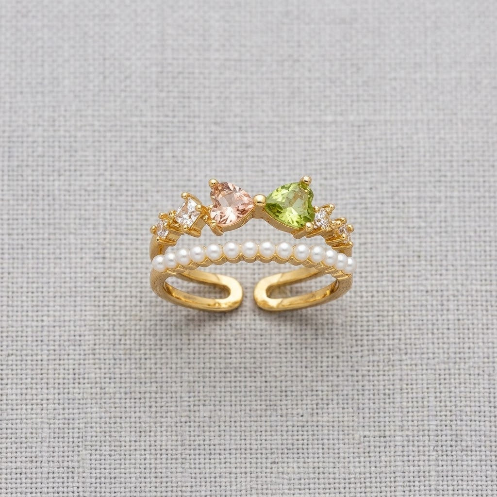 Layered Double Band Peridot Crystal & Pearl Adjustable Ring - View 7