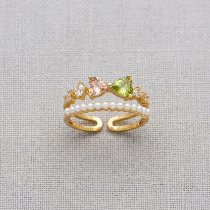 Layered Double Band Peridot Crystal & Pearl Adjustable Ring - View 7