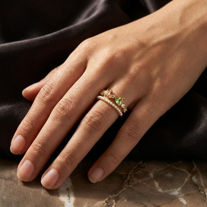 Layered Double Band Peridot Crystal & Pearl Adjustable Ring - View 2