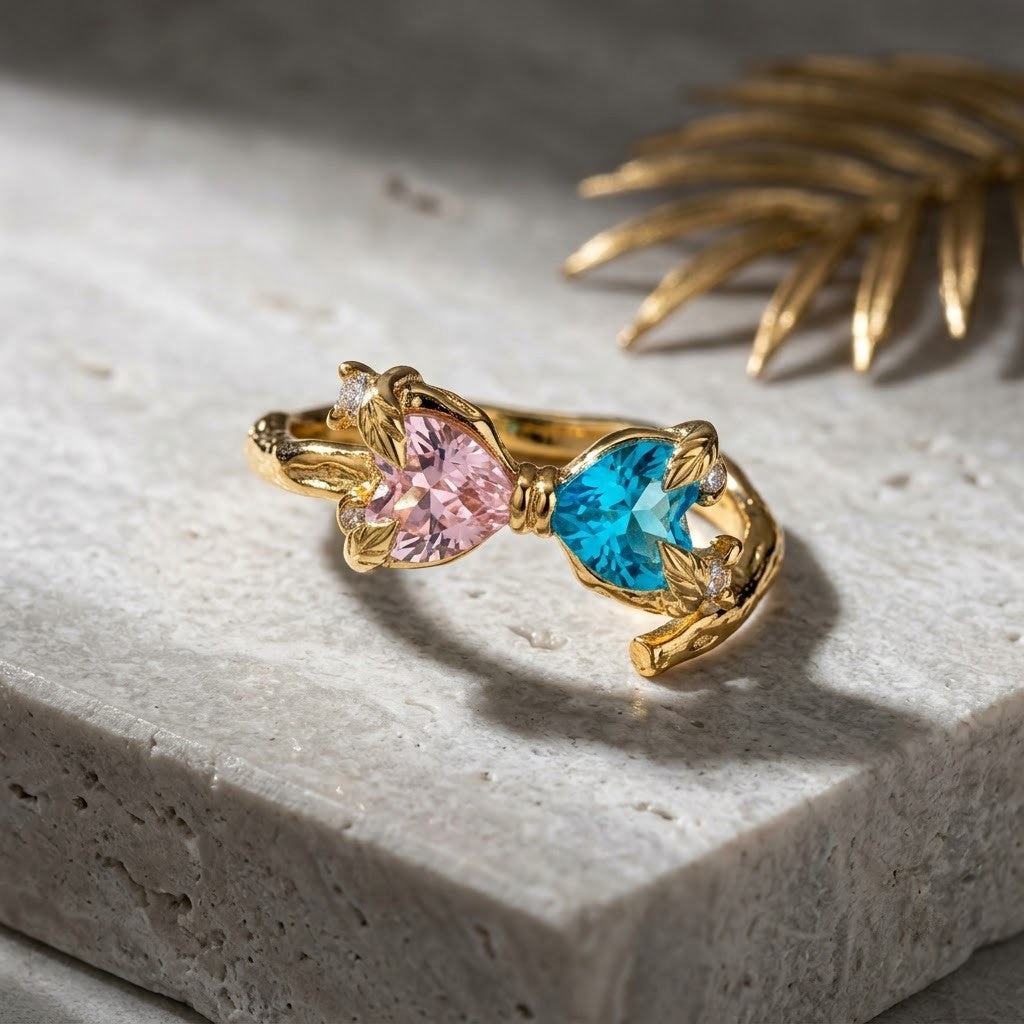 Curved Wave Heart & Oval Pastel Gemstone Adjustable Ring - View 2