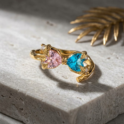 Curved Wave Heart & Oval Pastel Gemstone Adjustable Ring - View 2