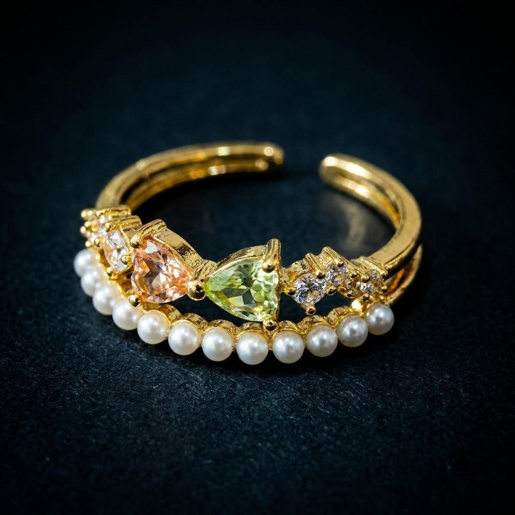 Layered Double Band Peridot Crystal & Pearl Adjustable Ring - View 5