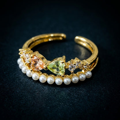 Layered Double Band Peridot Crystal & Pearl Adjustable Ring - View 5