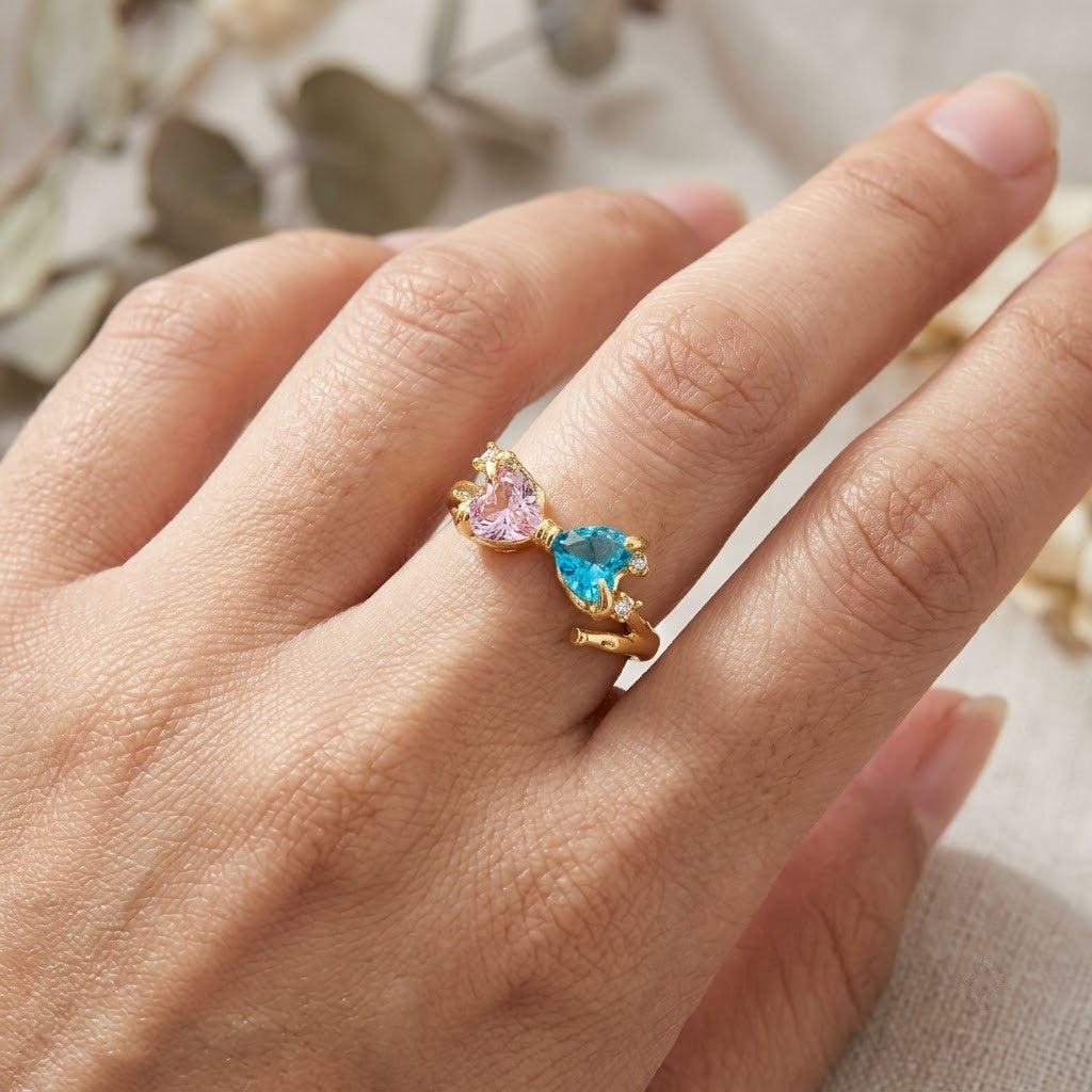 Curved Wave Heart & Oval Pastel Gemstone Adjustable Ring - View 4