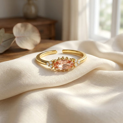 Romantic Open Heart Pavé Halo Pink Gemstone Adjustable Ring - View 3