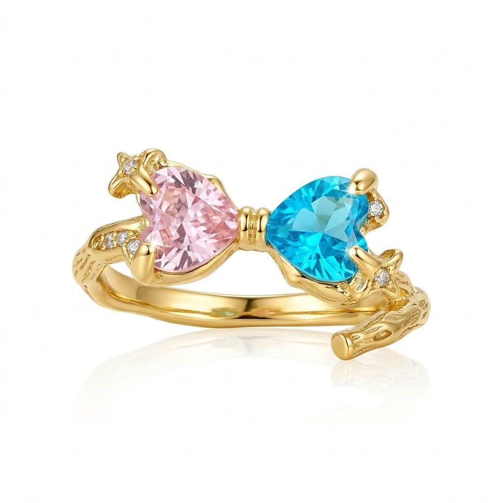 Curved Wave Heart & Oval Pastel Gemstone Adjustable Ring - View 6