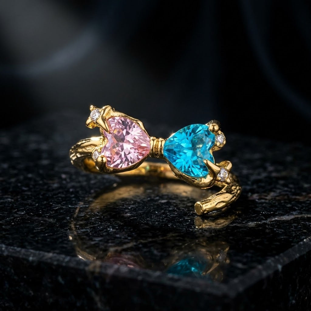 Curved Wave Heart & Oval Pastel Gemstone Adjustable Ring - View 5