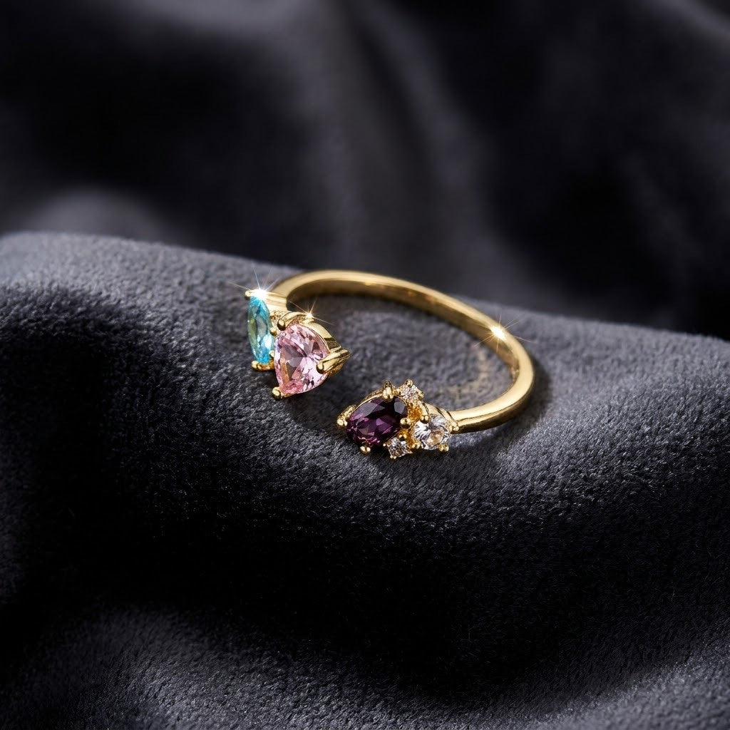 Pastel Pink & Lilac Lavender Dual Teardrop Gemstone Adjustable Ring - View 1