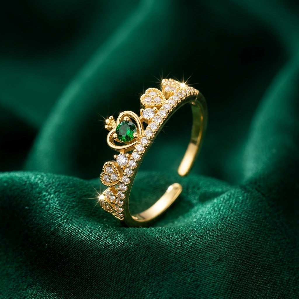 Victorian Filigree Solitaire Emerald Tiara Adjustable Ring - View 2