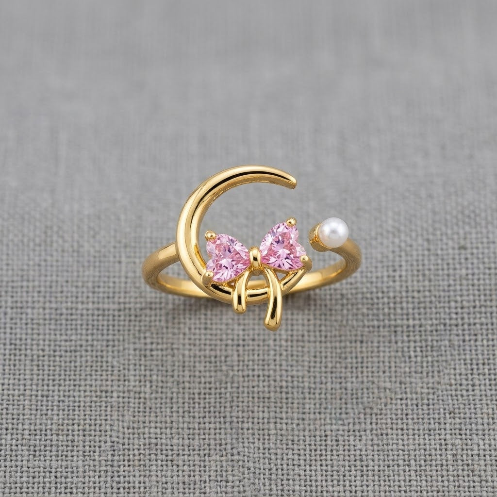 Celestial Crescent Moon & Pink Butterfly Pearl Adjustable Ring - View 8